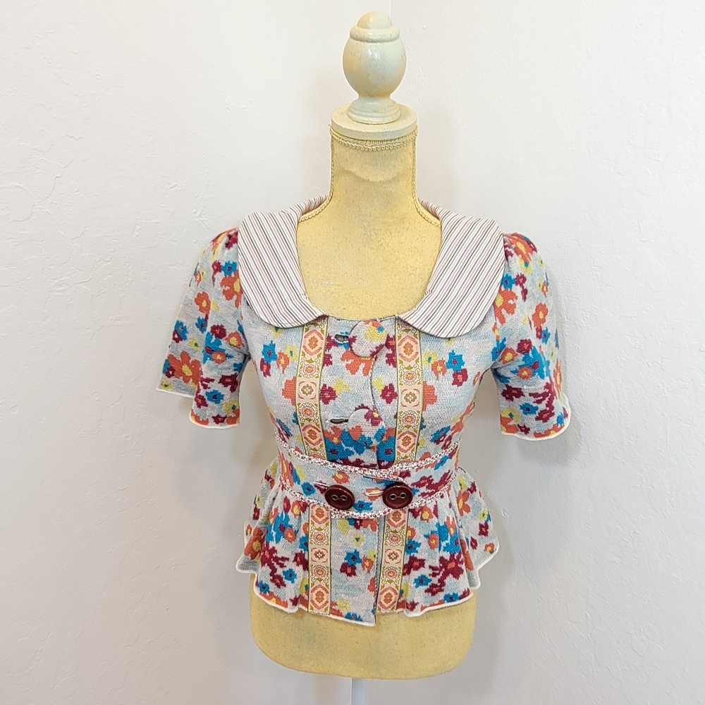 Anthropologie HRW floral knit crop short sleeve sweater blazer